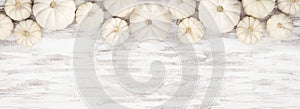 Fall top border of white pumpkins over a white rustic wood banner background