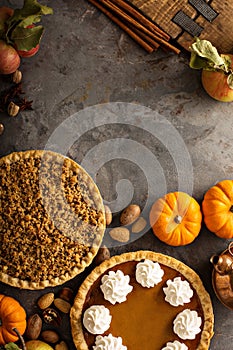 Fall traditional pies pumpkin, pecan and apple crumble