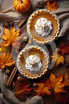 Fall traditional pies pumpkin pie for home Thanksgiving dinner.