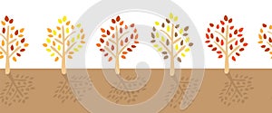 Fall trees with colorful leaves seamless vector border. Autumn tree silhouettes. Flat modern repeating nature pattern