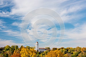 Fall trees souround the train Depot in Boise Idaho