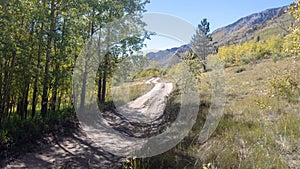 Fall view of four wheel drive road [Medano Pass primitive road] through the Sangre De Cristo range of the Rocky Mountains in