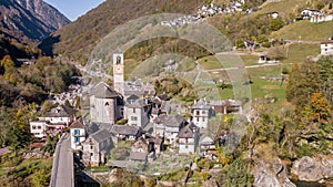Fall Village Lavertezzo Valley Verzasca Ticino Switzerland Aerial 4k
