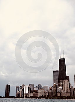 Chicago city view from lakeside trail, late afternoon skyline