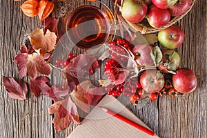 Fall wealth on rustic wooden background with notes