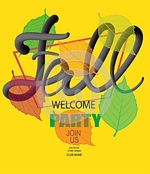 Fall welcome party announcement banner with colorful falling leaves and volume letters.