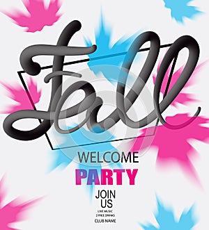 Fall welcome party announcement banner with colorful maple leaves and volume letters.