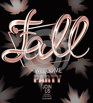 Fall welcome party announcement banner with gold maple leaves and volume letters.
