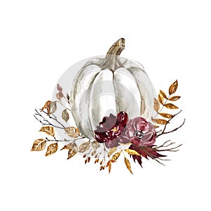 Fall white pumpkin with flowers and leaves wateercolor illustration. Autumn harvest design