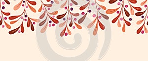 Fall Wild Forest Foliage and Berries Vector Seamless Horizontal Pattern Border