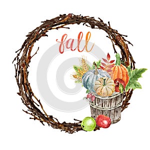 Fall wreath with pumpkins, autumn leaves, apples, wheat, berries, in a bushel basket, isolated. Autumn greetings