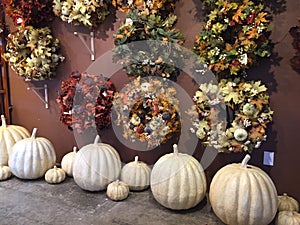 Fall wreaths and pumpkins