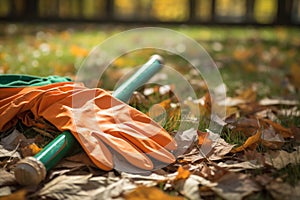 Fall yard autumn tool pile nature rake seasonal leaves foliage cleaning gardening work