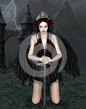Fallen angel with black wings and a sword