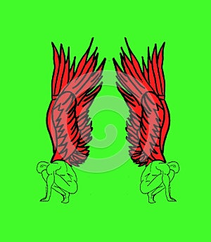 fallen angel copied all over green background, green body and red wings, creative art design with complementary colors