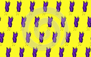 fallen angel copied all over yellow background, yellow body and purple wings, creative art design with complementary colors