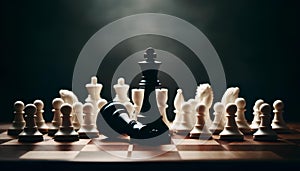 fallen black king chess piece surrounded by standing white pawns on the chessboard, dramatic moment, defeat concept