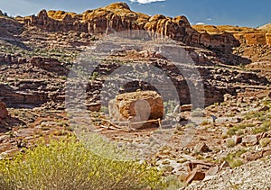 A fallen boulder is carved with rock art in Arches National Park.