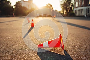 Fallen cone on training ground, driving school