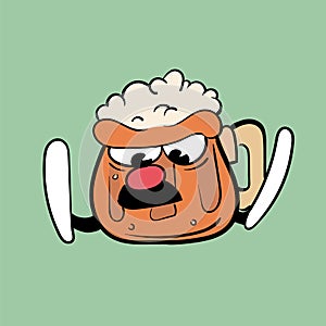 A fallen drunk foam beer mug Vintage toons: funny character, vector illustration trendy classic retro cartoon style