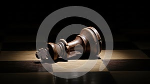 Fallen king chess piece on dark chessboard in dramatic lighting