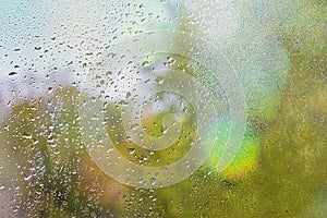 Fallen leaf stuck to the window that gets wet from rain drops. Warm look out the window for autumn.