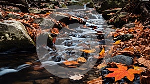 Fallen leaves along a forest stream