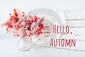 Fallen leaves in a vase with pile of white knitted Hello Autumn wording