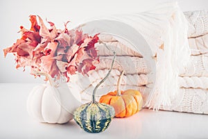 Fallen leaves in a vase with pile of white knitted woolen clothes and assorted pumpkins