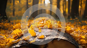 A Fallen Log Covered in Yellow Autumn Leaves in a Sun-Dappled Forest