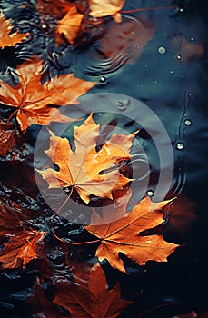 Fallen maple leaves in an autumn puddle after rain.