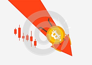 The fallen in price Bitcoin flying down on red arrow. Bankrupt Bitcoin. Cryptocurrency cartoon concept