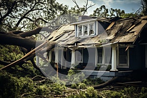 Fallen Tree on House Roof. Generative By Ai