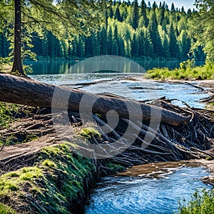 fallen tree on the river, beaver dam