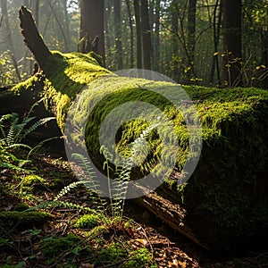 A fallen tree trunk in a forest is covered in lush green moss