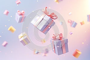 Falling 3D pastel gift boxes banner. Gift boxes levitating on pastel pink background.