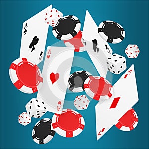 Falling aces cards with red and black chips and different dice on blue background.