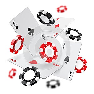 Falling aces and casino chips with blurred elements on white background. Playing cards, red and black money chips fly