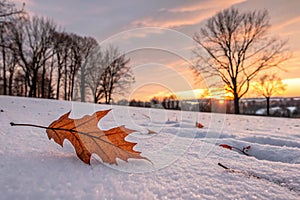 Falling Autumn Leaf on Snowy Ground at Sunset - generated by ai