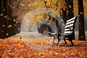 falling autumn leaves on an empty park bench