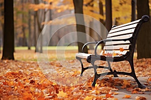 falling autumn leaves on an empty park bench