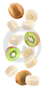 Falling banana and kiwi isolated on white background