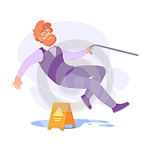 Falling Bearded Man Character Slip on the Ground Vector Illustration