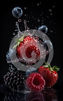Falling berries and water splash on black background. Ripe strawberries, blueberries and blackberries. Generative AI
