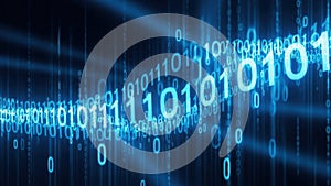 Falling binary code in blue digital matrix