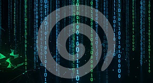 Digital Rain of Binary Code and Geometric Network on Dark Background data technology
