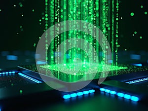 Falling Binary Code Matrix Style On Black Background For Cyber Interface Design