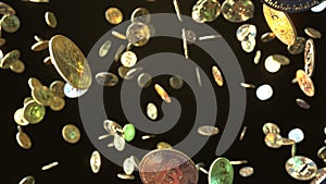 Falling bitcoin coins. 3D rendering