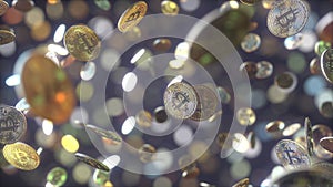 Falling bitcoin tokens, 3D rendering