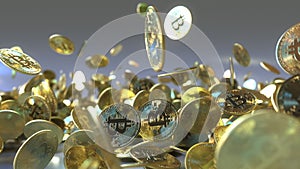 Falling bitcoin tokens 3D rendering